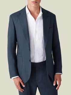 Crafted in Northern Italy from 100% pure linen, treated to obtain a unique natural stretch for breathability and comfort. Designed with a single-breasted two-button closure, fine sartorial details and a tailored profile for an elegant look.     Cut in a slim yet comfortable fit, this elegant suit jacket has an unstructured profile and is half lined for lightness and a relaxed appeal. Artisanal details like AMF stitching and sartorial details like the notch lapel and patch pockets make this blaze Blue Linen Blazer, Blue Linen Suit, Elegant Suit, Navy Blue Linen, Linen Suits, Linen Suit, Men's Suit, Northern Italy, Linen Trousers