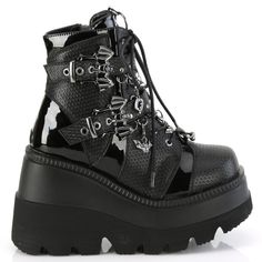 4 1/2" Wedge Platform Gothic Lace Up Ankle Boots. Double Bat Buckled Straps. Contrast Panel Designs On Vamp. Horseshoe Ring Ornament And Removable Fang And Bat Charm Details. Inner Side Zipper Closure. Styles: Egirl Gothic Emo Goth Gen Z K-Pop Kahs-66 Punk Patent Leather Platform Boots, Punk Style Platform Boots In Patent Leather, Gothic Platform Ankle Boots With Metal Feet, Gothic Ankle Platform Boots With Metal Feet, Demonia Shoes, Horseshoe Ring, Pleaser Shoes, Black Platform Boots, Black Vegan