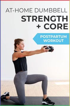 a woman doing squats with the words at home dumbbell strength and core