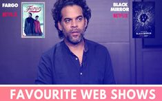 a man is sitting in front of a purple background with the words favorite web shows on it