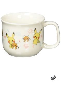 a white coffee cup with pikachu and other pokemon characters printed on the side