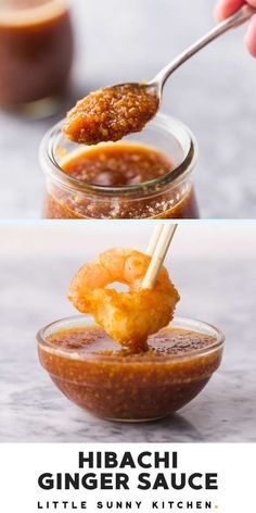 the recipe for hiaachi ginger sauce is in a glass jar with a spoon