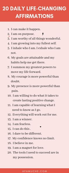 the text reads 20 daily life - changing affirmations on a pink background with red and