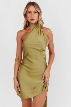 Awaken One-Shoulder Halter Mini Dress Sage by Selfie Leslie Trip Fits, Dress Sage, Career Fashion, Mini Dress Fashion, Split Maxi Dress, Romantic Date, Halter Mini Dress, Mini Dress Casual, Date Night Dresses