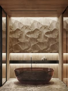 a bath tub sitting in the middle of a bathroom next to a wooden paneled wall