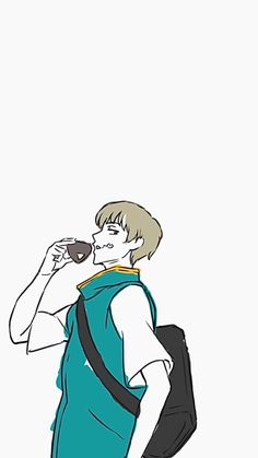 a drawing of a person with a backpack drinking from a cup and looking up at the sky