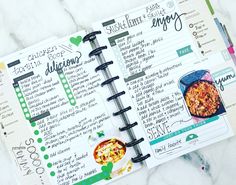 an open recipe book on top of a marble countertop with the pages lined up