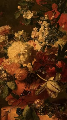 a painting of flowers in a vase on a table