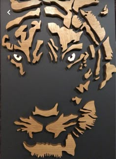 a wooden cutout of a tiger's face on a black background with white lettering