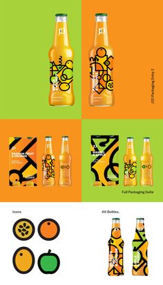 an orange and green advertisement with different types of beverages on the front, side and back