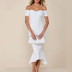 New, Never Worn Midi Dress! Perfect For Any Bridal Events! White Midi Off Shoulder Dress For Brunch, White Midi-length Off Shoulder Dress For Brunch, White Off-shoulder Midi Dress For Brunch, White Midi Length Off Shoulder Dress For Brunch, Elegant White Off-shoulder Midi Dress, White Off-shoulder Midi Dress For Formal Occasions, White One-shoulder Maxi Dress For Date Night, White Fitted Off Shoulder Cocktail Dress, Elegant White Strapless Dress For Brunch