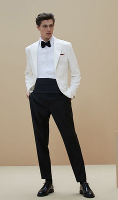 Men's White & Black Tuxedos With Belt, 2 Piece Suit Tuxedo Formal Fashion Style Suits Wedding Party Suits Elegant Suits Formal Fashion Suit. Item Include (Coat+ Pant+shirt) Fabric:- Imported TR, Satin  Color : White coat + Black pant Dry Clean Recommended The suit is for wedding, Party, Proms, and Many Occasions. Please give your body measurement in inches, so we make perfect suit for you. Jacket Measurement:- 1 Jacket Length 2 Chest (Circumference) 3 Stomach (Circumference) 4 Hip(Circumference) Mens Prom, Prom Outfit, Designer Suits For Men, Suits Men, Men Stylish Dress