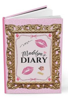 a pink and gold book with the words maddyne diary on it's cover