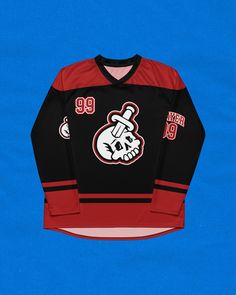 a hockey jersey with a skull on the front and number 99 on the back, against a blue background