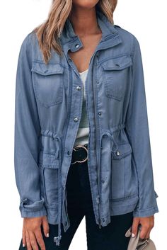 Sky Blue Pockets Front Zipper Buttoned Drawstring Waistline Hooded Jacket Belleza Natural, Outerwear Women, Shoulder Sleeve, Women Collection, New Outfits, Front Zipper, Hooded Jacket, Denim Button Up, Nasa