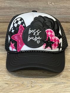 Custom Trucker Hat Cap Decorations, Boss Babe, Hat Designs, Trucker Cap, Trucker Hat, Caps Hats, Accessories Hats, Baseball