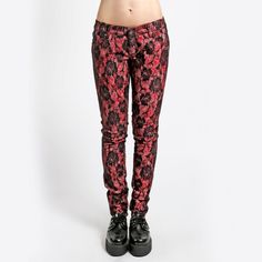 Dive Into A World Of Edgy Fashion With These Tripp Nyc Floral Print Skinny Jeans. A Bold Statement Piece, These Jeans Combine Comfort And Style, Making Them An Essential For Any Fashion-Forward Wardrobe. The Intricate Floral Design Adds A Touch Of Elegance, While The Skinny Fit Ensures A Sleek Silhouette. Skinny Fit Floral Print Button And Zipper Closure Belt Loops Size 25 Tripp Nyc Brand High-Quality Fabric 97% Cotton, 3% Spandex All Items Come From A Smoke Free Home, Cat Friendly But They Have Gothic Red Bottoms For Party, Fitted Red Lace Bottoms, Tripp Nyc, Cat Friendly, Red Lace, Edgy Fashion, Alternative Fashion, Fit Jeans, Black Red