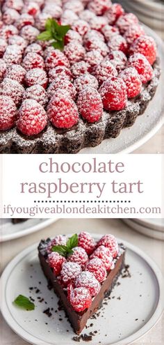 a chocolate raspberry tart with powdered sugar on top is shown in three different views