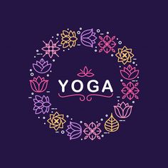 the word yoga surrounded by colorful flowers and leaves in a circle on a purple background