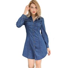 This Women's Denim Tunic Dress is crafted from soft and comfortable cotton denim, making it perfect for spring, autumn, and winter wear. The shirt dress features a flattering shape with pared-back details and a cinched waist. It includes a feminine silhouette, chest pockets, and a classic collar with a front button placket. The dress is cut to a flattering above-knee length. Pair it with canvas trainers for a casual, off-duty look. Please note that the model is wearing a size XS. Medium Wash Long Sleeve Shirt Dress With Pockets, Spring Denim Blue Shirt Dress With Button Closure, Collared Denim Blue Cotton Shirt Dress, Denim Blue Cotton Shirt Dress For Fall, Fall Denim Blue Cotton Shirt Dress, Fall Cotton Denim Blue Shirt Dress, Long Sleeve Medium Wash Shirt Dress For Fall, Denim Blue Collared Cotton Shirt Dress, Casual Collared Washed Denim Dress