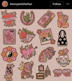 some stickers that are on the side of a pink wall with flowers and hearts