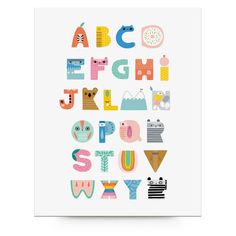 the alphabet is made up of different types of animals, letters and numbers in pastel colors