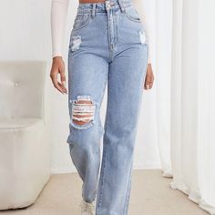 High Waisted Straight Leg Jeans Cheap Y2k Straight Leg Jeans, Cute Ripped Jeans, High Waisted Straight Leg Jeans, Straight Leg Jeans Outfits, High Waisted Ripped Jeans, Rose Jeans, Shein Jeans, White Ripped Jeans, Ripped Mom Jeans