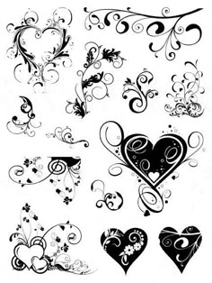 an assortment of black and white hearts with swirls, vines and flowers on them