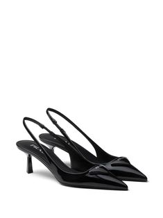 logo-plaque slingback pumps Prada's slingback pumps honour the Italian brand's minimalist design sensibility. Set on a mid heel, this black brushed-leather pair is solely decorated with the house's iconic triangle logo. Prada Stilettos, Prada Kitten Heels, Black Pointed Heels, Prada Triangle, Dream Shoe, Black Heels Low, Black Kitten Heels, Classy Shoes, Dr Wardrobe