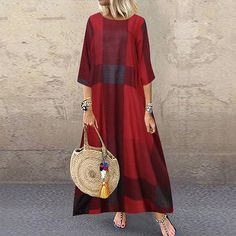 Mujer Vestido informal Vestido maxi Estampado Casual Diario Cuello Barco Manga 3/4 Verano Primavera Rojo Caqui Plaid 2024 - MXN $620.19 Long Dresses For Women, Maxi Dress For Women, Elegant Maxi Dress, Cotton Linen Dresses, Vintage Floral Dress, Printed Long Dresses, Half Sleeve Dresses, Vintage Inspired Dresses, Vintage Maxi Dress