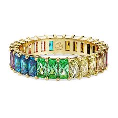 Featuring a vibrant array of rainbow colors, this Matrix ring is filled with joy and elegance. The gold-tone plated band delivers a full circle of baguette-cut stones, each placed in a refined prong setting. This jewelry is made for self-expression and pairs beautifully with our matching earrings. Flowers For Men, Dope Jewelry Accessories, Pink Stone Rings, Ibiza Outfits, Swarovski Ring, Pink Watch, Mind Set, Rainbow Jewelry, Belly Piercing