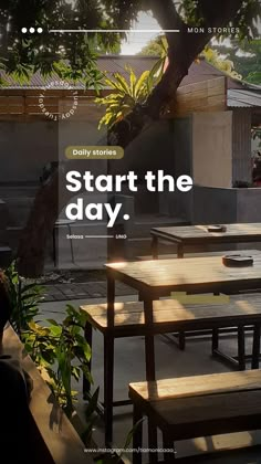 an outdoor restaurant with tables and benches in front of the window that says, start the day