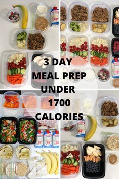 the meal prepped up in three different sections and labeled with calories, meats, vegetables, fruit, and grains