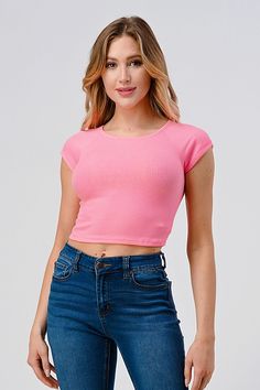 Our ribbed crop top is your go to basic tee. The fit is comfortable and easy to pair with multiple outfits. Pair it with jeans, sweats, shorts, or a skirt! Whatever you choose, you'll be cute! Summer Ribbed Crop Top With Short Sleeves, Basic Ribbed Cropped T-shirt For Summer, Basic Solid Cropped T-shirt With Ribbed Detail, Ribbed Short Sleeve Crop Top For Spring, Pink Stretch Cropped T-shirt For Spring, Spring Cotton Ribbed Crop Top, Ribbed Cotton Crop Top For Spring, Spring Ribbed Cotton Crop Top, Solid Ribbed Stretch Cropped T-shirt