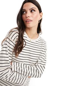 Tops by Vila Cart-worthy find Stripe design Crew neck Drop shoulders Oversized fit Everyday Long Sleeve Top With Striped Collar, Oversized Spring Top With Striped Hem, Spring Striped Sweatshirt With Contrast Stripes, Spring Oversized Top With Striped Hem, Oversized Striped Hem Tops For Spring, Oversized Tops With Striped Hem For Spring, Long Sleeve Top With Striped Collar For Everyday, Oversized Trendy Top With Contrast Stripes, Trendy Oversized Tops With Contrast Stripes