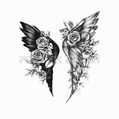 two wings with roses on them and one wing has an angel's head in the middle