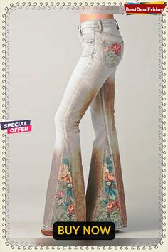 New High Waist Flared Jeans Spliced Fringe Hem Long Pants Lace/floral Printed Patchwork Bell-bottom Pants Women Trousers Denim Pants Cowgirl Things, Sale Clothes, Women Trousers, Bell Bottom Pants, Bell Bottom, Flared Jeans, Pants Women, Long Pants, Floral Printed