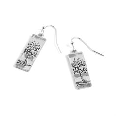 Rectangle Tree Earrings - Silver Trendy Hypoallergenic Silver Earrings, Hypoallergenic Dangle Earrings As Gift, Trendy Adjustable Nickel-free Earrings, Trendy Adjustable Sterling Silver Earrings, Rectangular Metal Earrings For Gifts, Rectangular Metal Earrings For Gift, Everyday Nickel-free Drop Earrings, Trendy Silver Rectangular Earrings, Nickel-free Rectangular Metal Earrings