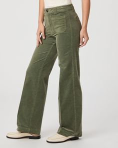 Sasha is our high rise wide leg designed with a fitted top block and a slightly relaxed fit. Crafted from our luxuriously soft corduroy fabric in an aloe green shade, this pair features patch pockets and a 32” inseam that pairs perfectly with flats and also works well for petite customers looking to style it with a heel. Our elevated micro-corduroy is made with the perfect amount of stretch for the most comfortable fit from morning to moonlight. | Sasha 32 Inch Wide Leg Pant - Aloe Corduroy | Si Aloe Green, Men Store, Corduroy Fabric, Fitted Top, Denim Shoes, Wide Leg Pant, Shades Of Green, Patch Pocket, Wide Leg Pants