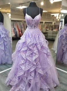 Lilac Ball Gown, Lilac Prom Dresses, Spaghetti Strap Prom Dress, Prom Dress Ideas, Stunning Prom Dresses, Prom Inspo, Purple Prom Dress, Prom Dress Inspiration, Cute Prom Dresses