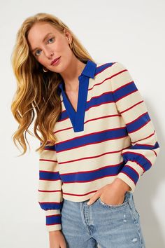 Navy Stripe Bradley Knit Polo Popover | Pomander Place Red Striped Shirt Outfit, Springtime Activities, Teacher Wardrobe, Holiday 2024, Casual Maxi Dress, Knit Polo, Cocktail Attire, Contrast Collar, Maxi Dresses Casual