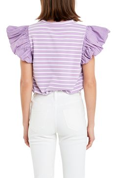 Dramatic ruffle sleeves boldly frame this chic stripe top that will stand out as the focal point of any look. 24" length (size Medium) Crewneck Cap sleeves 95% cotton, 5% spandex with 100% cotton contrast Hand wash, dry flat Imported White Vertical Stripes Top For Spring, White Tops With Vertical Stripes For Spring, Chic Short Sleeve Tops With Striped Sleeves, Summer Chic Tops With Striped Sleeves, Chic Summer Tops With Striped Sleeves, Chic White Tops With Striped Sleeves, Chic Tops With Striped Sleeves For Day Out, Chic Vertical Stripes Blouse For Spring, Chic Spring Blouse With Vertical Stripes