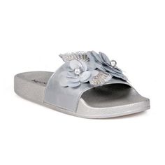 Make these comfortable beaded slide sandals a staple piece in your casual summer wardrobe, featuring a with a metallic upper and outsole. Size: 6. Color: Silver. Gender: female. Age Group: adult. Silver Flat Sandals For Vacation, Silver Casual Sandals For Summer, Casual Embellished Flat Heel Sandals, Casual Silver Sandals For Summer, Silver Embellished Sandals For Vacation, Embellished Silver Sandals For Summer, Casual Silver Flat Heel Sandals, Summer Embellished Silver Sandals, Silver Embellished Vacation Sandals