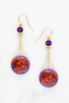 These unique cloisonné earrings are hand fabricated with enamel, fine silver, sterling silver, 14, 18, 22, and 24k gold, and 6 mm round faceted amethysts. The earrings feature 14k gold ear wires. Elegant Enamel Jewelry With Inlay, Elegant Enamel Inlay Jewelry, Elegant Inlay Earrings As Gift, Elegant Earrings With Inlay For Gifts, Elegant Drop Earrings With Inlay, Enamel Inlay Jewelry For Anniversary, Nickel-free Purple Enamel Jewelry, Cloisonne Enamel Jewelry, Enamel Jewellery