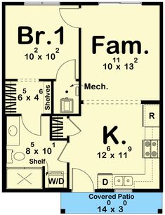 the first floor plan for a house with two bedroom and an attached garage area,