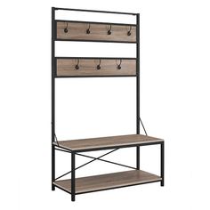 an iron and wood shelf with hooks on the top, two shelves below it that hold coats of coat hangers