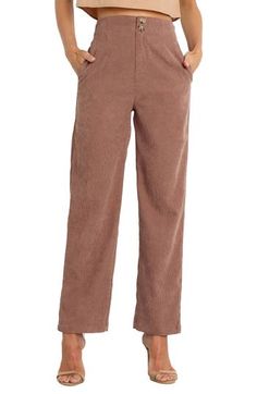 Fine-wale cotton corduroy brings casual comfort to high-waisted pants equipped with practical pockets in a straight-leg silhouette. Zip fly with two-button closure; back elastic waist Side-seam pockets 100% cotton Hand wash, dry flat Imported Brown Corduroy Bottoms With Button Closure, Corduroy Work Pants With Button Closure, Corduroy Pants With Button Closure For Work, Corduroy Bottoms With Button Closure For Work, Corduroy Straight Leg Bottoms With Button Closure, Corduroy Wide Leg Bottoms With Button Closure, Wide Leg Corduroy Bottoms With Button Closure, Straight Leg Corduroy Pants With Button Closure, Corduroy Wide Leg Pants With Pockets