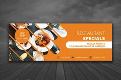 an orange and white restaurant banner with food items on the table in front of dark clouds