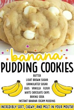 an advertisement for banana pudding cookies with white chocolate chips on top and bananas in the background