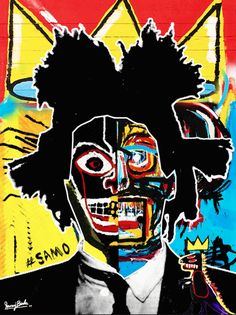 a painting of a man with dreadlocks wearing a suit and tie in front of a colorful background